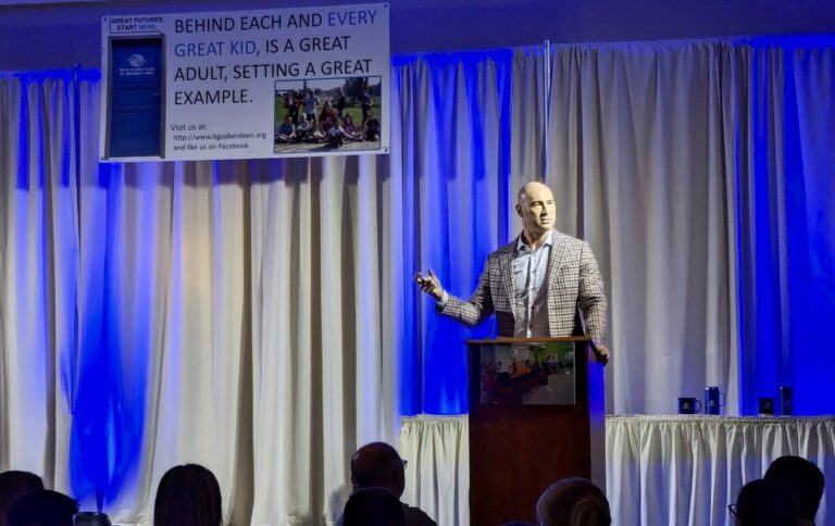 Vermillion native and former NFL player Ben Leber spoke about overcoming self-doubt during the 2024 Boys & Girls Club of Aberdeen Area Banquet and Fundraising Event Friday, Feb. 16 at the Dakota Event Center. Aberdeen Insider photo by Scott Waltman