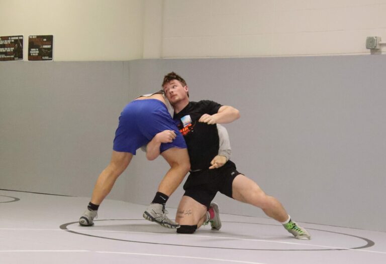 Warner/Northwestern senior Alex Pudwill attempts a leg takedown of Preston Cavalier during practice on Monday, Feb. 19 in Mellette. Aberdeen Insider photo by Robb Garofalo