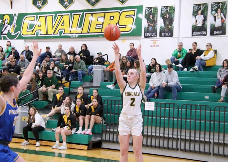 Aberdeen Roncalli's McKenna O'Keefe takes a baseline jumper during the fourth quarter of their Region 1A game against Redfield Tuesday, Feb. 20 in the Roncalli Gym. Aberdeen Insider phot by Robb Garofalo