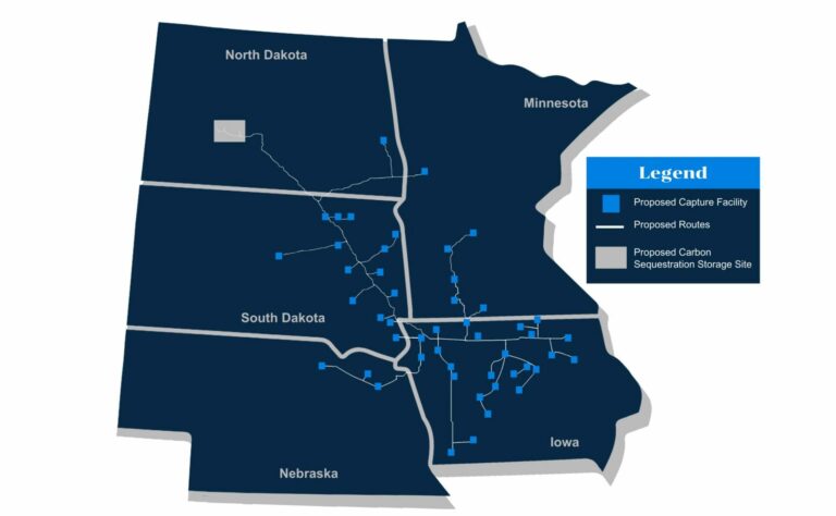 This map shows the route of the carbon dioxide pipeline proposed by Summit Carbon Solutions. Map courtesy of Summit Carbon Solutions