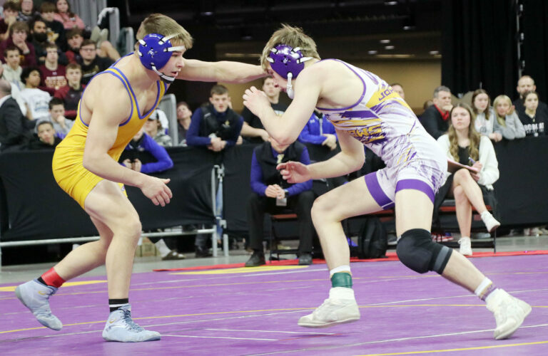 Rayden Zens of Aberdeen Central, left, wrestles against Sloan Johannsen of Watertown in the Class 126-pound match at the 2024 South Dakota high school state wrestling tournament Saturday, Feb. 24 in Sioux Falls. Photo courtesy of Traci Althoff