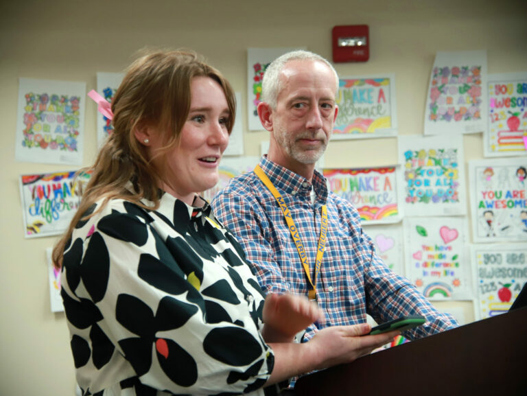May Overby Elementary School fourth-grade teacher Jessica Appl and Principal Mike Neubert present at a school board meeting Monday, March 11. Aberdeen Insider photo by Symmone Gauer