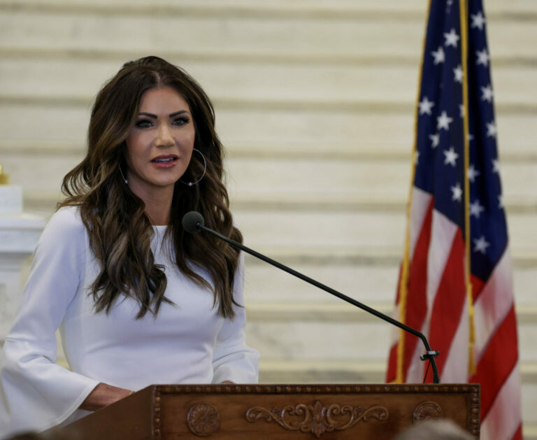Gov. Kristi Noem speaks during a bill-signing ceremony March 6, 2024, at the Capitol in Pierre. Photo by David Bordewyk of the South Dakota NewsMedia Association