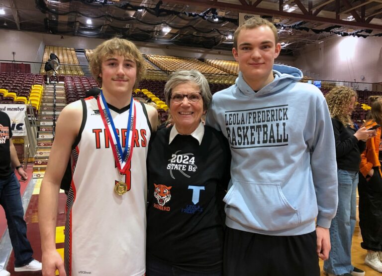 Will Maier, left, Lorelei Maier and Milo Sumption after the conclusion of a State B boys basketball tournament game at the Barnett Center earlier this month. Aberdeen Insider photo by Robb Garofalo