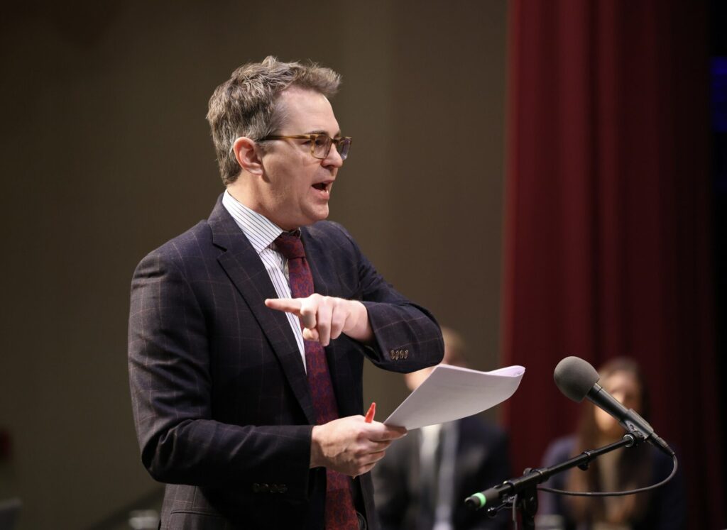 Attorney Brian E. Jorde makes arguments on behalf of landowners opposed to Summit Carbon Solutions' planned carbon capture pipeline before South Dakota Supreme Court justices on Tuesday, March 19 at the Johnson Fine Arts Center in Aberdeen. Photo courtesy of South Dakota NewsMedia Association