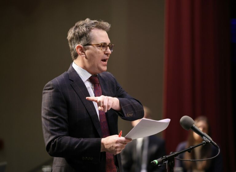 Attorney Brian E. Jorde makes arguments on behalf of landowners opposed to Summit Carbon Solutions' planned carbon capture pipeline before South Dakota Supreme Court justices on Tuesday, March 19 at the Johnson Fine Arts Center in Aberdeen. Photo courtesy of South Dakota NewsMedia Association
