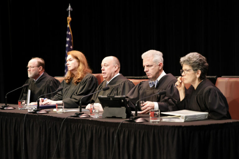 South Dakota Supreme Court justices listen to arguments related to Summit Carbon Solutions' proposed pipeline on Tuesday, March 19 during the court's March term at the Johnson Fine Arts Center. Photo courtesy of South Dakota NewsMedia Association