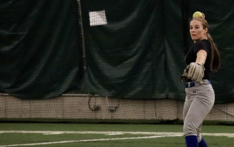 Aberdeen Central's Ayrlie Waldo warms up before softball practice inside the Aberdeen Dome. Aberdeen Insider photo by Robb Garofalo