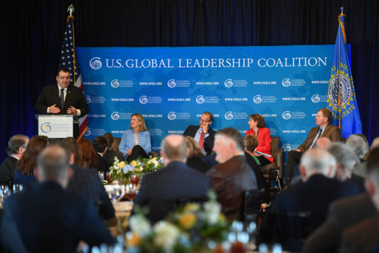 Panelists talk during a U.S Global Leadership Coalition event on Wednesday, March 27, 2024 at Sanford Event Barn in Sioux Falls, including CEO of Dakota State University Applied Research Andrea Thompson, center left, and U.S. Sen. John Thune, R-S.D., center. Argus leader photo by Samantha Laurey