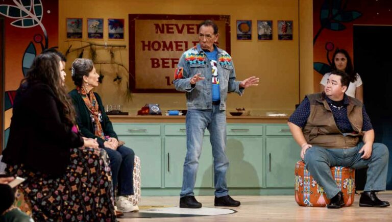 Northern State graduate Adrienne Zimiga-January, at left, Sheri Foster Blake, Wes Studi, Ernest Briggs and Kate Anvil Rich were all cast members in “For the People,” an indigenous comedy that played at the Guthrie Theater last fall. Photo courtesy of Jaida Grey Eagle.