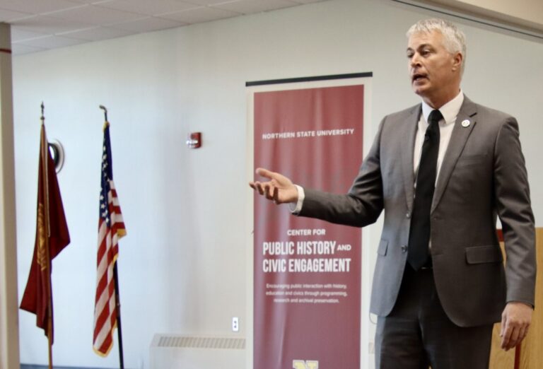 South Dakota Attorney General Marty Jackley speaks to criminal justice students at Northern State University on Thursday, April 4, 2024. Aberdeen Insider file photo by Scott Waltman.