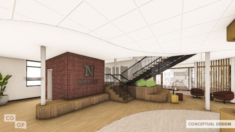 Interior renovation will open up the space inside Gerber Hall. Construction of the $5 million project is expected to begin at the end of May. Rendering courtesy of Northern State University