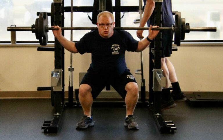 Josh Oschner of Aberdeen Fire & Rescue participates in a workout at the Avera Human Performance Center on Friday, April 12. A partnership between the fire department and Avera has resulted in a spike in the number of fitness hours recorded by firefighters. Aberdeen Insider photo by Scott Waltman.