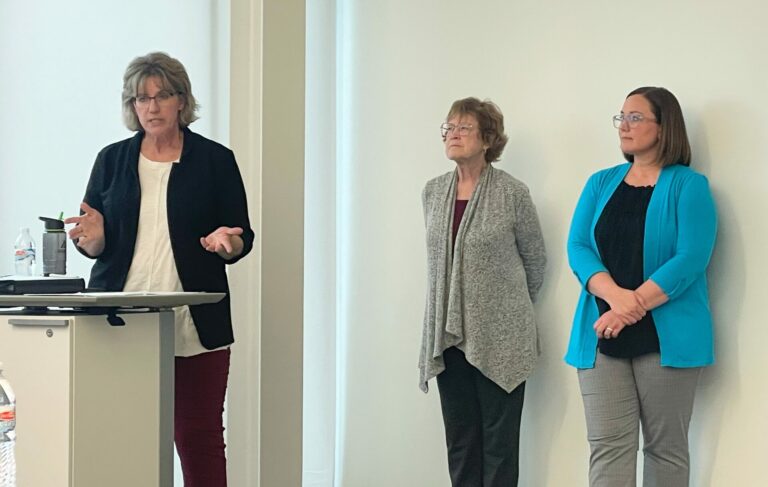 Establishing Aberdeen as an Early Learner community was the topic of discussion Tuesday, April 16 at K.O. Lee Aberdeen Public Library. Discussing the idea are, from left, Patricia Buechler, Gayle Bortnem and Nicole Schutter. Aberdeen Insider photo by Elisa Sand.