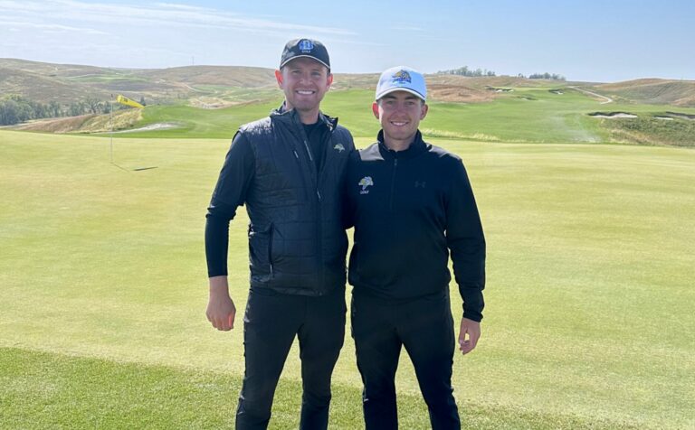 Aberdeen natives Jonah Dohrer, left, and Lucas Schafbauer pose following their round of golf Oct. 11 at the Landman Golf Club in Homer, Neb. Courtesy photo.