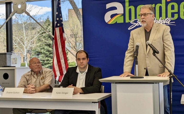 Michael Carlsen speaks during a candidate forum for Republican primary candidates for Brown County Commission. He, Kyler Dinger, center, and Duane Sutton will be on the June 4 primary ballot. The forum was Saturday, May 4 at K.O. Lee Public Library. Aberdeen Insider photo by Scott Waltman.