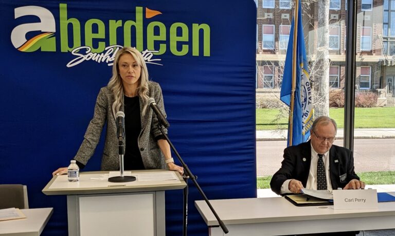 Legislative District 3 Senate candidate Katie Washnok speaks during a primary candidate forum Saturday, May 4 at K.O. Lee Aberdeen Public Library. To the right is her opponent in the House race, Carl Perry. Aberdeen Insider photo by Scott Waltman.