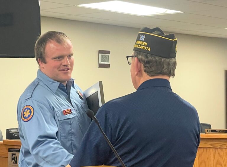 Aberdeen firefighter Austin Nath was recognized as Firefighter of the Year by the VFW. The announcement was made at the Aberdeen City Council meeting on Monday, May 6. Aberdeen Insider photo by Elisa Sand.