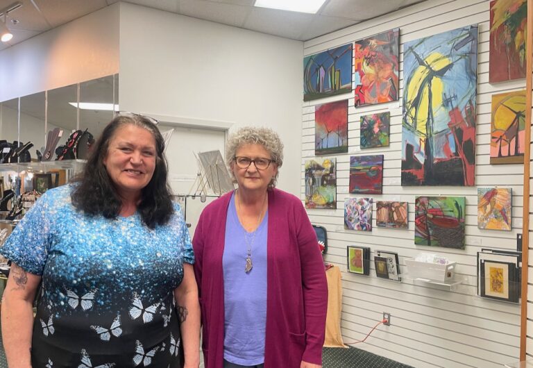 Local artists Brenda Bryson, left, and Carol Weber Green are two of about a half-dozen artists who are members of a local cooperative of artists. Aberdeen Insider photo by Elisa Sand