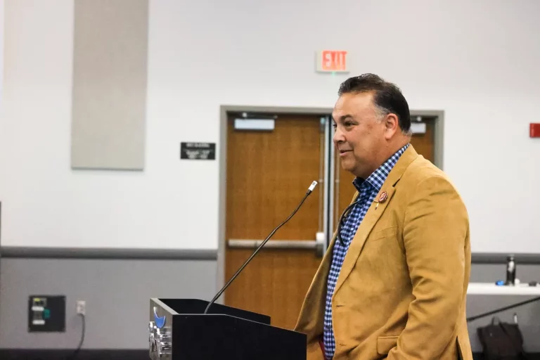 South Dakota Tribal Relations Secretary David Flute speaks to the Legislature’s State-Tribal Relations Committee during a meeting in Flandreau in summer 2023. Dakota Scout file photo by Joe Sneve.