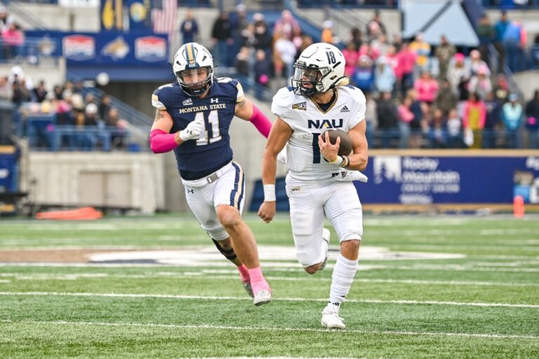 Former Montana and Northern Arizona quarterback Daniel Britt, running the ball against Montana State, is transferring to Northern State. He has two years of eligibility. Photo courtesy of Northern State.