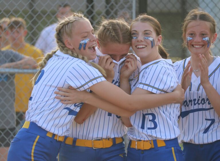 Members of the Castlewood softball team celebrate their 2023 state championship. Photo courtesy of South Dakota Public Broadcasting.