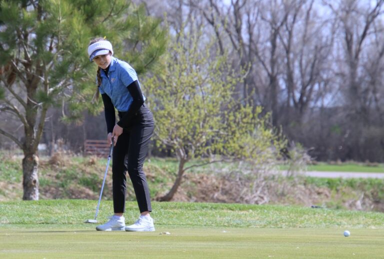 Aberdeen Central's Olivia Braun watches her putt slide right by the cup on the par-five sixth hole during the Hub City Invitational earlier this season at Moccasin Creek Country Club. Aberdeen Insider photo by Robb Garofalo.