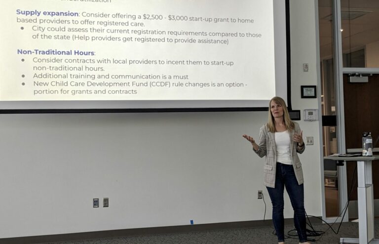 Kayla Klein of Klein Visioneering Group shares the results of a childcare survey taken earlier this spring in Aberdeen. Aberdeen Insider photo by Scott Waltman.