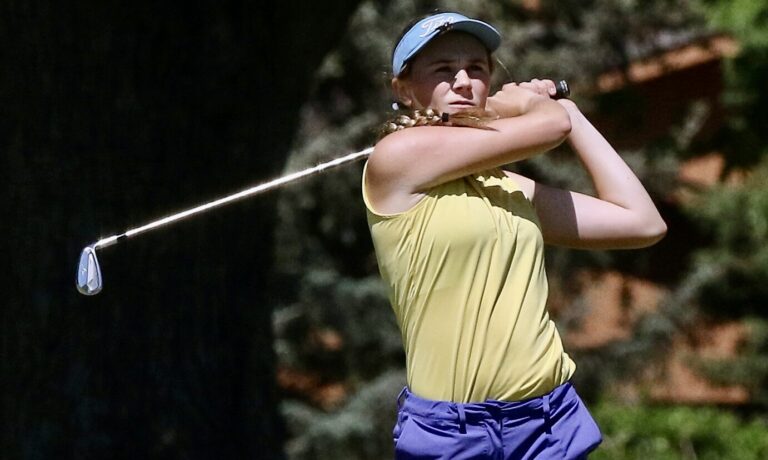Aberdeen Central's Olivia Braun hits a tee shot during day one of the Class AA girls state golf tournament in Sioux Falls. Photo courtesy of South Dakota Public Broadcasting.