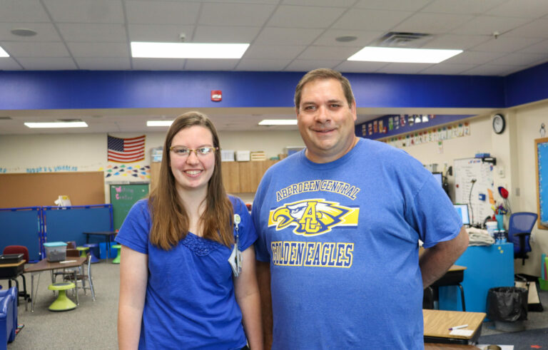 Lauren Wilkinson, left, and her father Keith Wilkinson work together in the Aberdeen Public School District. Photo courtesy of Aberdeen Public School District.