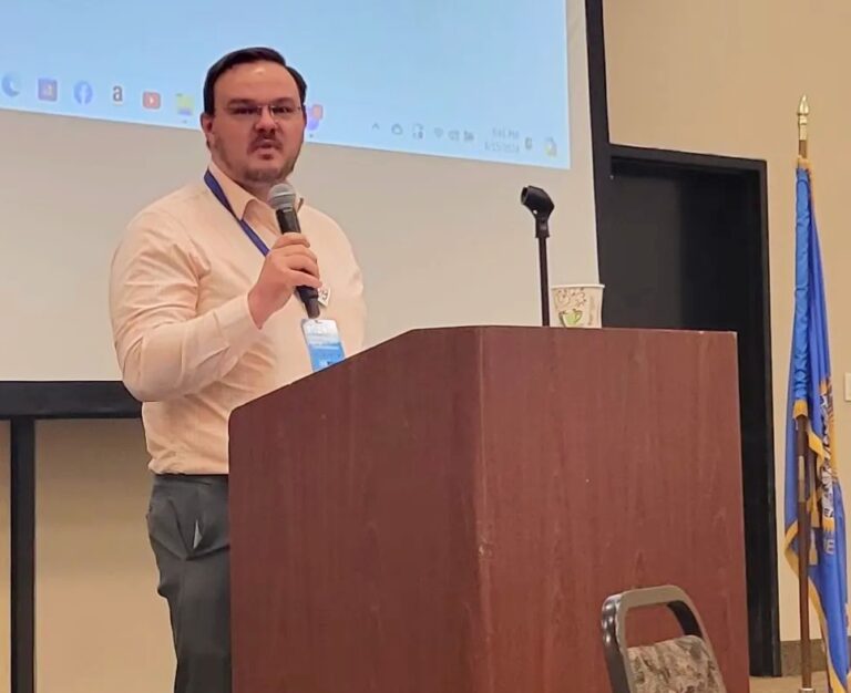Forrest Wilson, the Democratic nominee for the Public Utilities Commission, speaks during the South Dakota Democratic Party’s convention in Oacoma Saturday. Photo courtesy of the South Dakota Democratic Party.