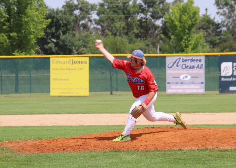 Groton Post 39's Gavin Englund delivers a pitch against the Aberdeen Smittys Monday, July 8 at Fossum Field. Groton advanced to the Class B American Legion baseball state tournament. Aberdeen Insider photo by Robb Garofalo.