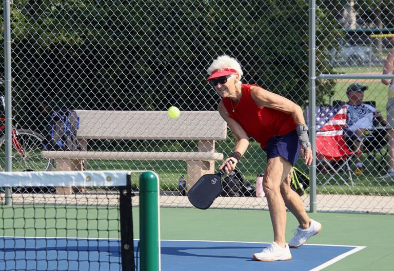 Jan Schochenmaier hits a forehand during the pickleball event at the Aberdeen Senior Games Friday, July 12 at Manor Park. Aberdeen Insider photo by Robb Garofalo.