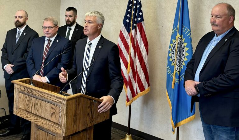 Flanked by fellow law enforcement officials, Attorney General Marty Jackley announces during a Sioux Falls press conference that charges have been brought against a former state employee for allegedly stealing about $1.8M. Dakota Scout photo by Jonathan Ellis.
