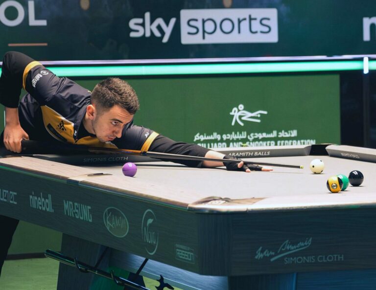 Fedor Gorst lines up a shot during the 2024 World Nineball Championship in Jeddah, Saudi Arabia. Courtesy photo.