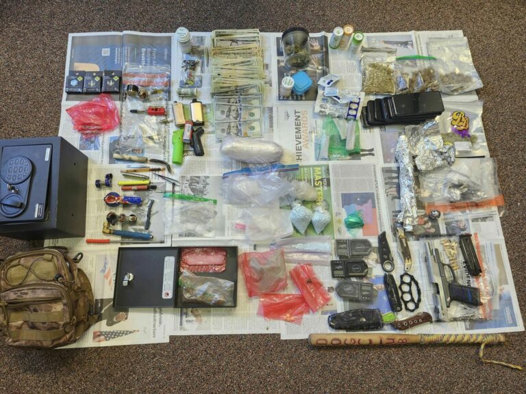 Various drugs, a pistol, paraphernalia and more were confiscated after a traffic stop along U.S. Highway 12 near Mina on Saturday, 13. The driver faces 25 charges in Edmunds County. Photo courtesy of Edmunds County Sheriff's Office.
