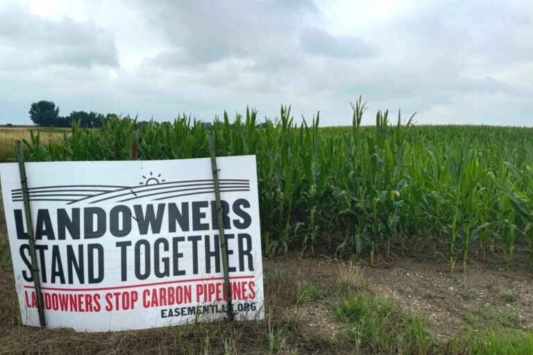 A sign urging landowners to stand together against eminent domain and carbon pipelines appears July 20, 2024, along Highway 11 in Lincoln County south of Sioux Falls, S.D. The issue has gained prominence in South Dakota as Summit Carbon Solutions seeks a permit for a network of carbon capture pipelines. South Dakota News Watch photo by Stu Whitney.