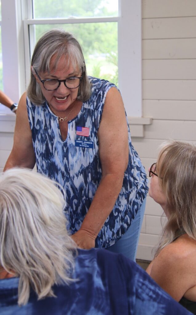 Sheryl Johnson is challenging Dusty Johnson in the U.S. House of Representatives race. She was in Aberdeen Sunday, July 28 for the Blue Jeans and Barbecue event hosted by the Brown County Democrats. Aberdeen Insider photo by Elisa Sand. 