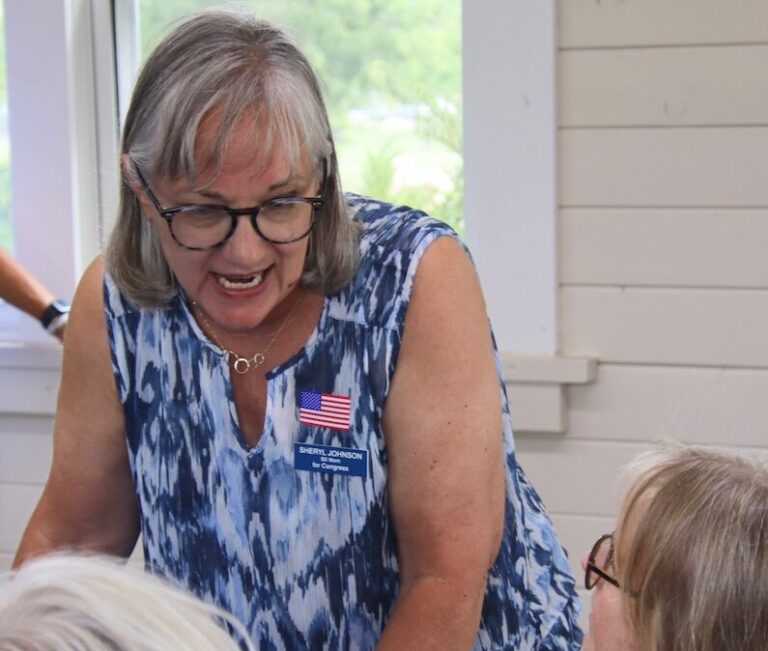 Sheryl Johnson is challenging Dusty Johnson in the U.S. House of Representatives race. She was in Aberdeen Sunday, July 28 for the Blue Jeans and Barbecue event hosted by the Brown County Democrats. Aberdeen Insider photo by Elisa Sand.
