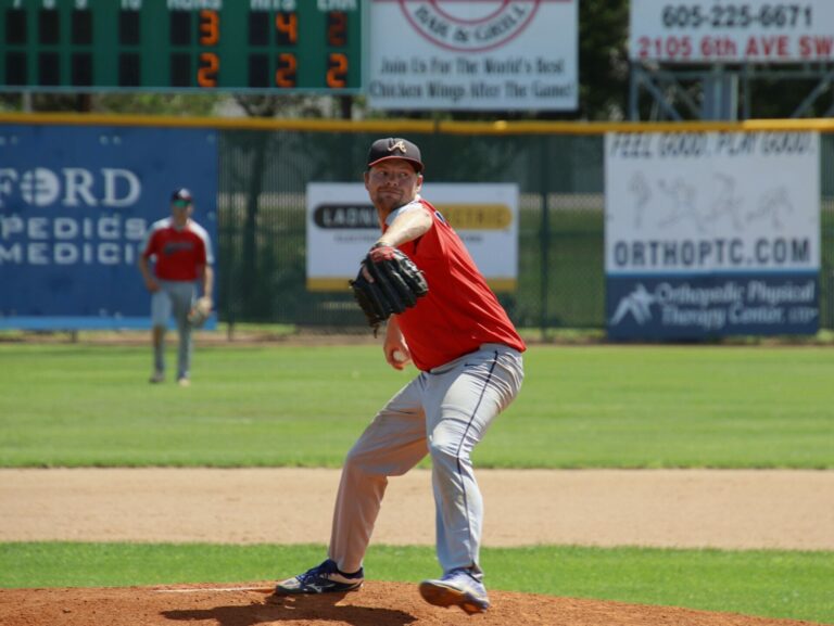 Chad Ellingson delivers a pitch for the Aberdeen Circus Saturday, Aug. 3 against Baltic at Fossum Field. Aberdeen will play in the Class A state tournament this weekend. Aberdeen Insider photo by Robb Garofalo.