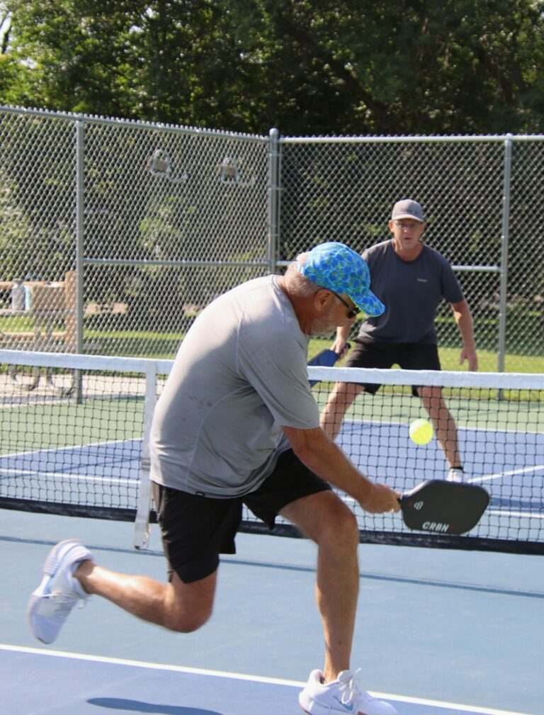 Jeff Senst hits a running forehand during the 2024 Senior Games pickleball competition at Manor Park. Aberdeen Insider photo by Robb Garofalo.