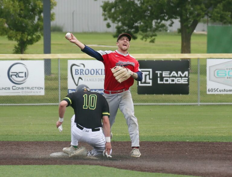 Aberdeen Circus second baseman Jesse Babcock throws to first on a double play against Renner Sunday, Aug. 11 in Brookings. Brookings Register photo by Chris Schad.