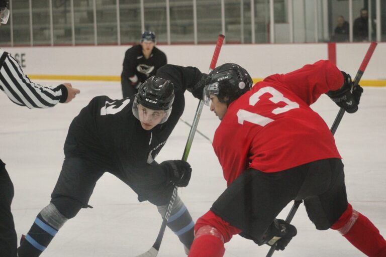Members of the Aberdeen Wings prepare for a face-off during their main camp in Fargo, N.D. Photo courtesy Ryann Yamaura.