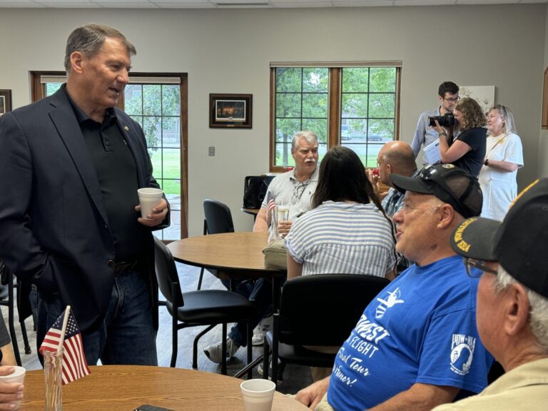 U.S. Senator Mike Rounds, R-S.D., visits with veterans at the Aberdeen Senior Center during a coffee gathering Tuesday, Aug. 13. Aberdeen Insider photo by Shannon Marvel.