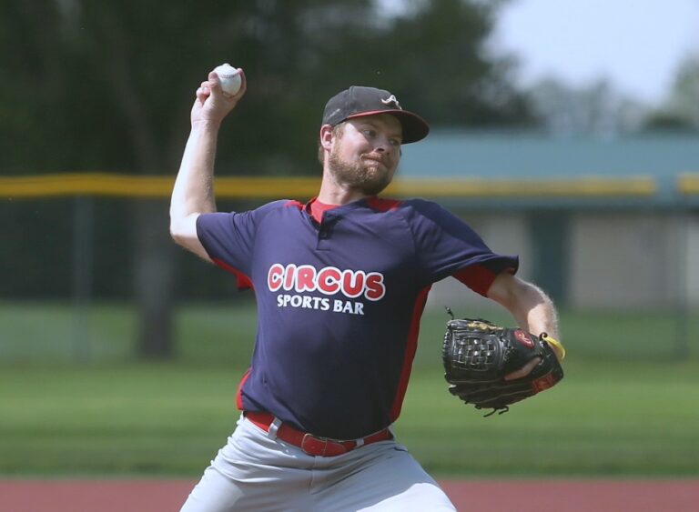 Chad Ellingson devilvers a pitch for the Aberdeen Circus Friday, Aug. 16 against Yankton in the Class A amateur baseball state tournament in Mitchell. 605Sports photo by Ryan Deal.