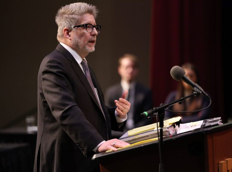 Bret Dublinske, a lawyer for Summit Carbon Solutions, argues before the South Dakota Supreme Court on March 19, 2024. The case dealt with eminent domain and other related issues. South Dakota NewsMedia Association file photo by Dave Bordewyk.