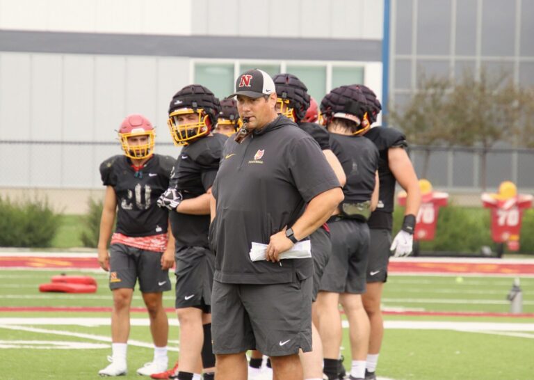 Northern State football coach Mike Schmidt leads practice. The Wolves open the 2024 season against the University of South Dakota on Thursday, Aug. 29 in Vermillion. Aberdeen Insider photo by Robb Garofalo.