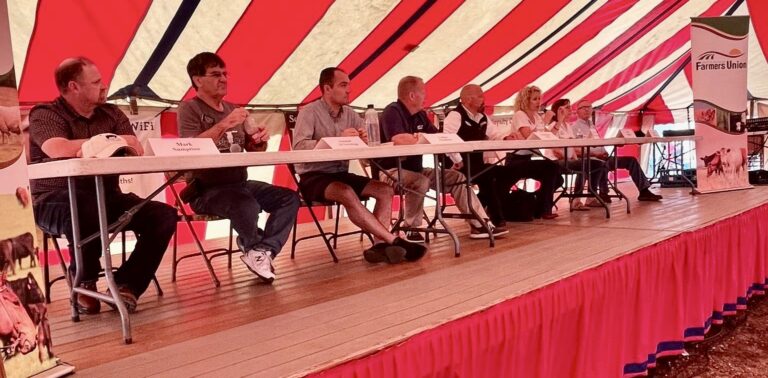 State legislative candidates from districts 1 and 3 spoke during a South Dakota Farmers Union event Saturday, Aug. 17 at the Brown County Fair. Pictured from left are Mark Sumption, Al Novstrup, Logan Manhart, South Dakota Farmers Union lobbyist and event moderator Mitch Richter, Chris Reder, Brandei Schaefbauer, Erin Rudner and Steven McCleery. Aberdeen Insider photo by Shannon Marvel.