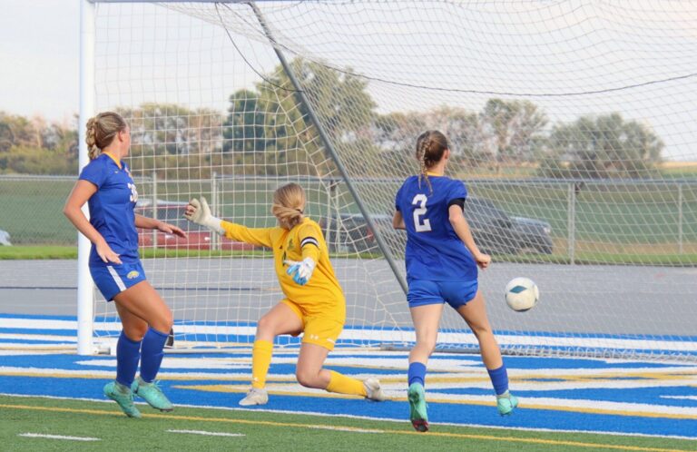 Aberdeen Central's Gracie Lozenski, left, and Ryelynn Hammer watch Lozenski's shot go past Sioux Falls Jefferson goalkeeper Nora Weaver Tuesday, Aug. 20 at the Brownell Activities Complex. Aberdeen Insider photo by Robb Garofalo.