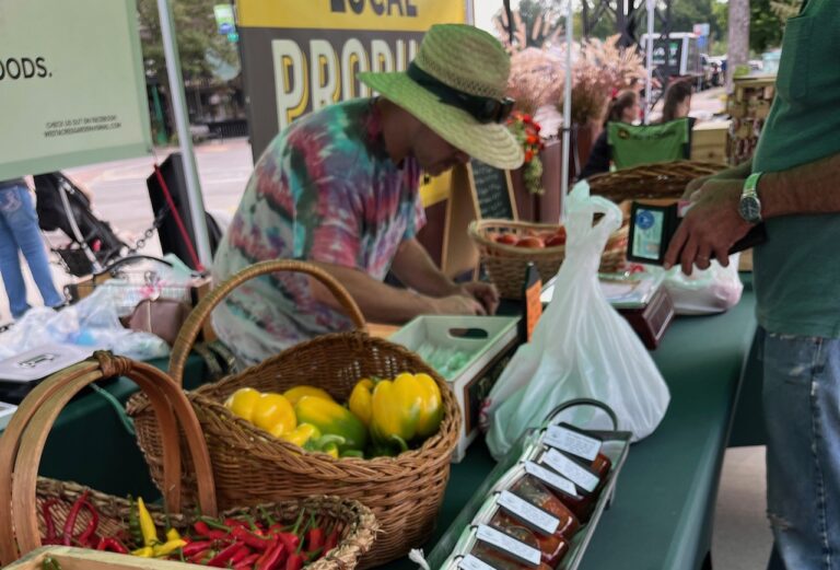 Andrew West of West Acres Garden bags some fresh produce at the Malchow Plaza Farmers Market in Aberdeen. Photo by Connie Sieh Groop for The Aberdeen Insider.